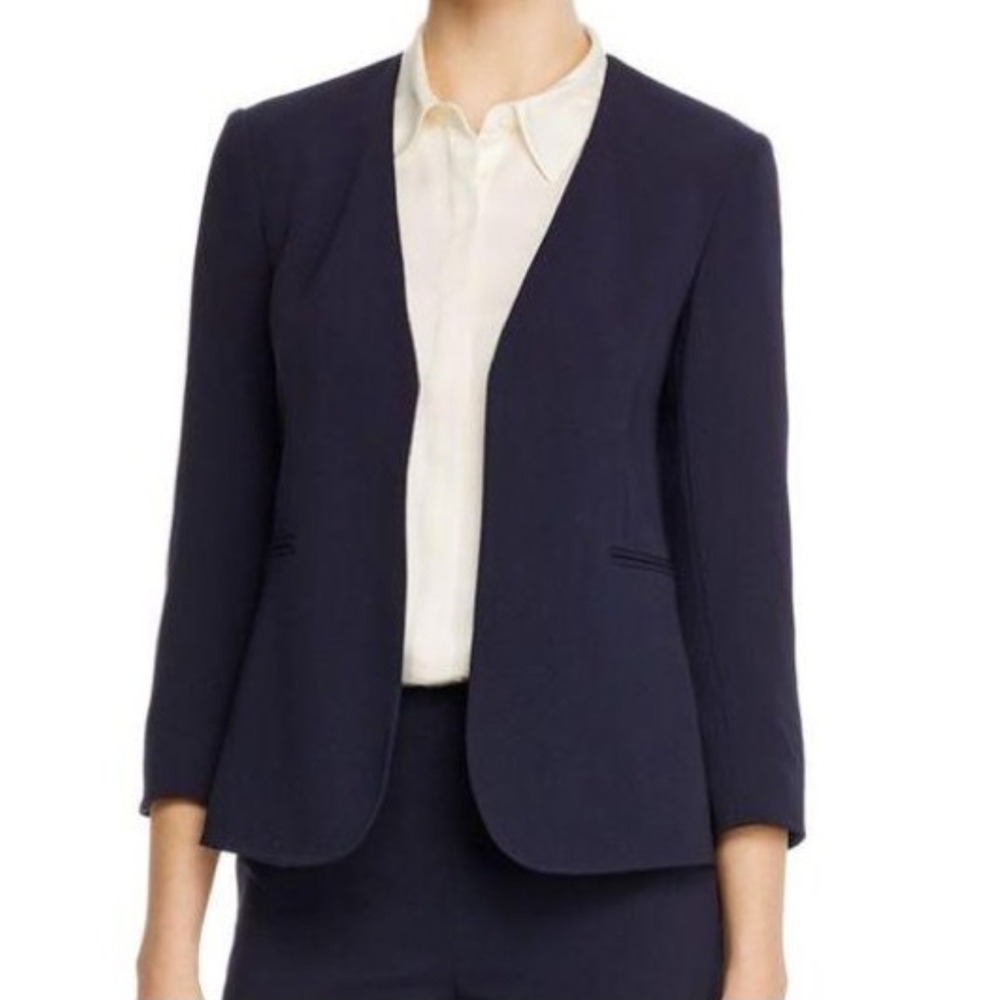Theory Lindrayia Admiral Crepe Blazer Women 8 Deep Navy 3/4 Open Front Office